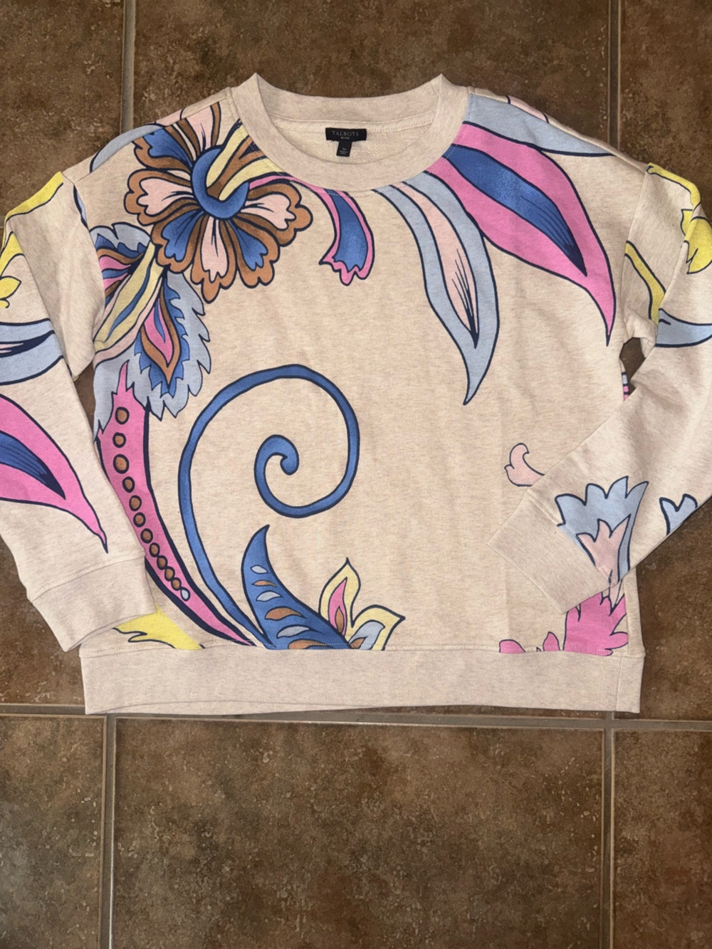 Talbots Beige Pullover with Pink, Blue & Yellow Floral Swirl